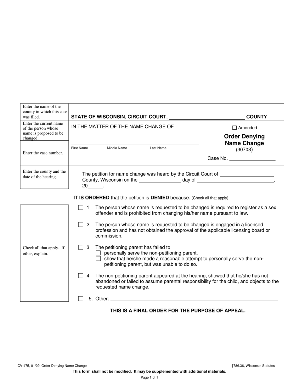 Form CV-475 Order Denying Name Change - Wisconsin, Page 1