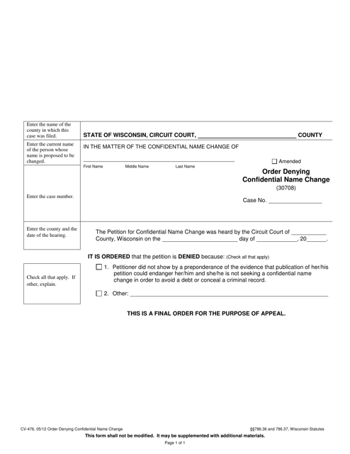 Form CV-476 Order Denying Confidential Name Change - Wisconsin