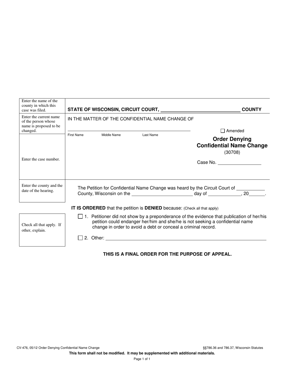 Form CV-476 Order Denying Confidential Name Change - Wisconsin, Page 1