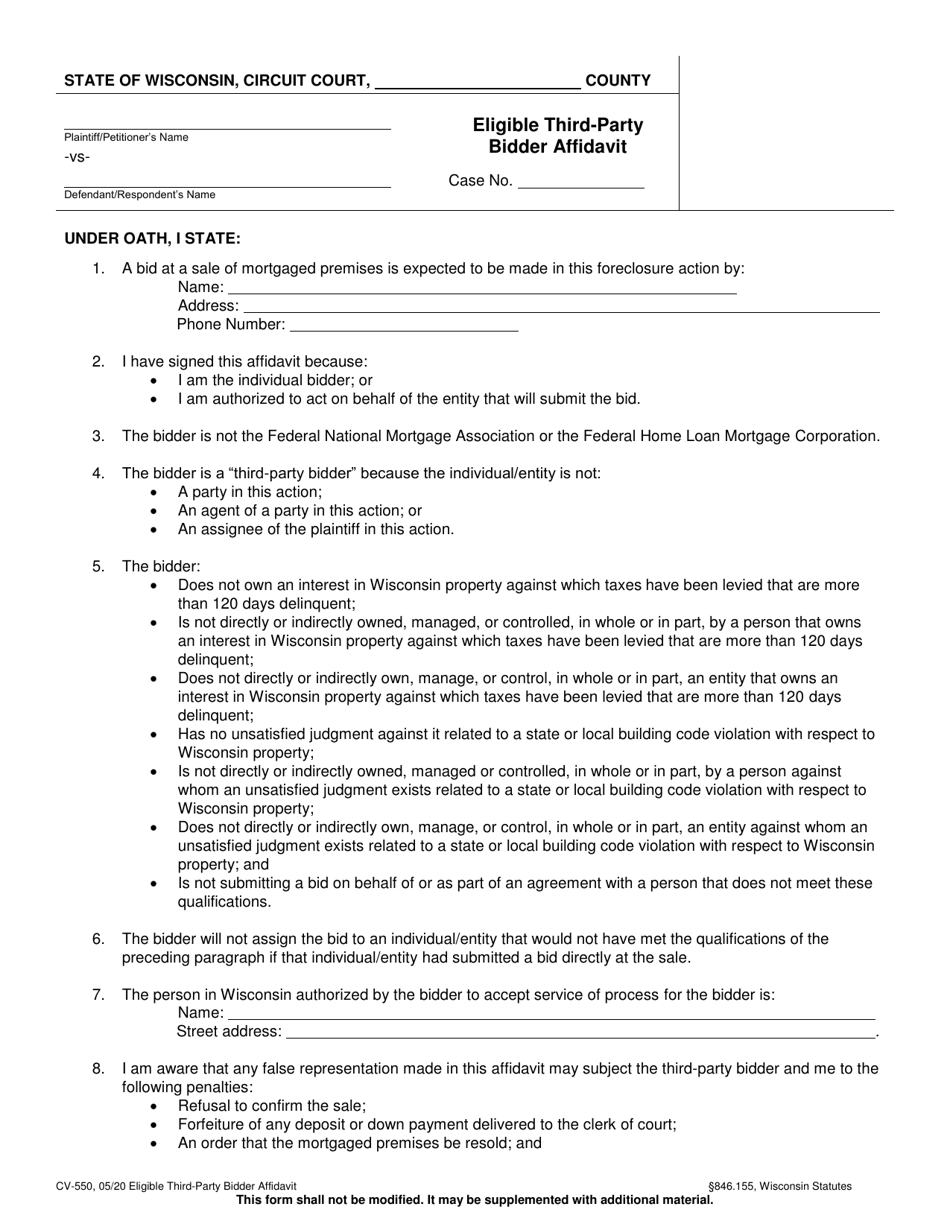 Form CV-550 Eligible Third-Party Bidder Affidavit - Wisconsin, Page 1