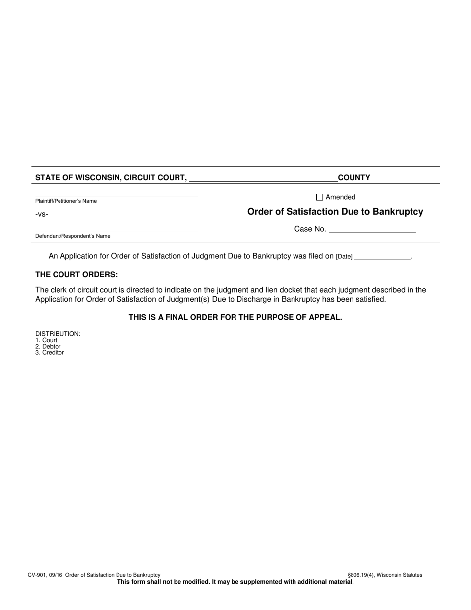 Form CV-901 Order of Satisfaction Due to Bankruptcy - Wisconsin, Page 1