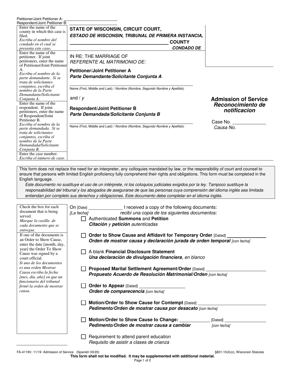 Form FA-4119V Admission of Service - Wisconsin (English / Spanish), Page 1