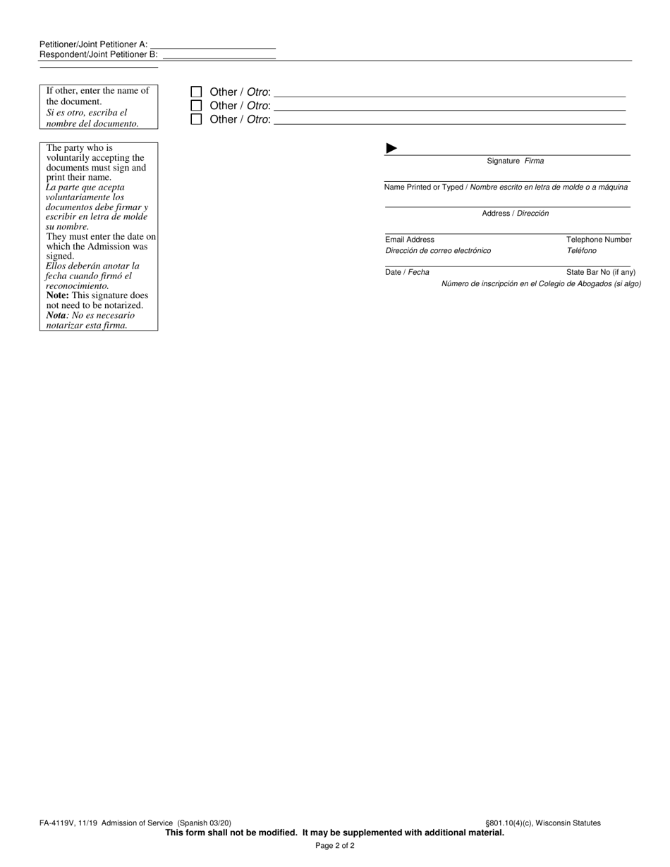Form FA-4119V Admission of Service - Wisconsin (English / Spanish), Page 2