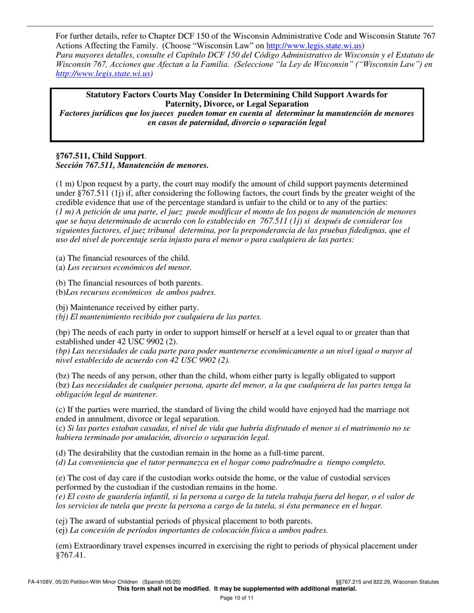 Form FA-4108V Petition With Minor Children - Wisconsin (English / Spanish), Page 10