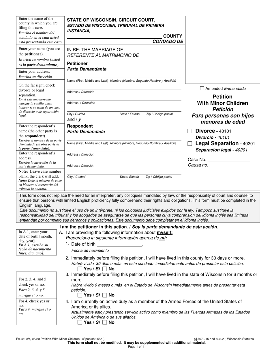 Form FA-4108V Petition With Minor Children - Wisconsin (English / Spanish), Page 1