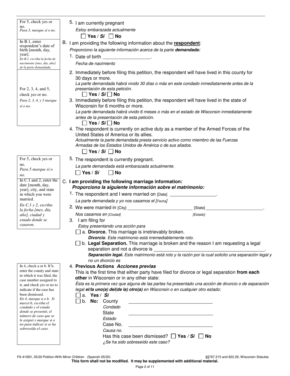 Form FA-4108V Petition With Minor Children - Wisconsin (English / Spanish), Page 2