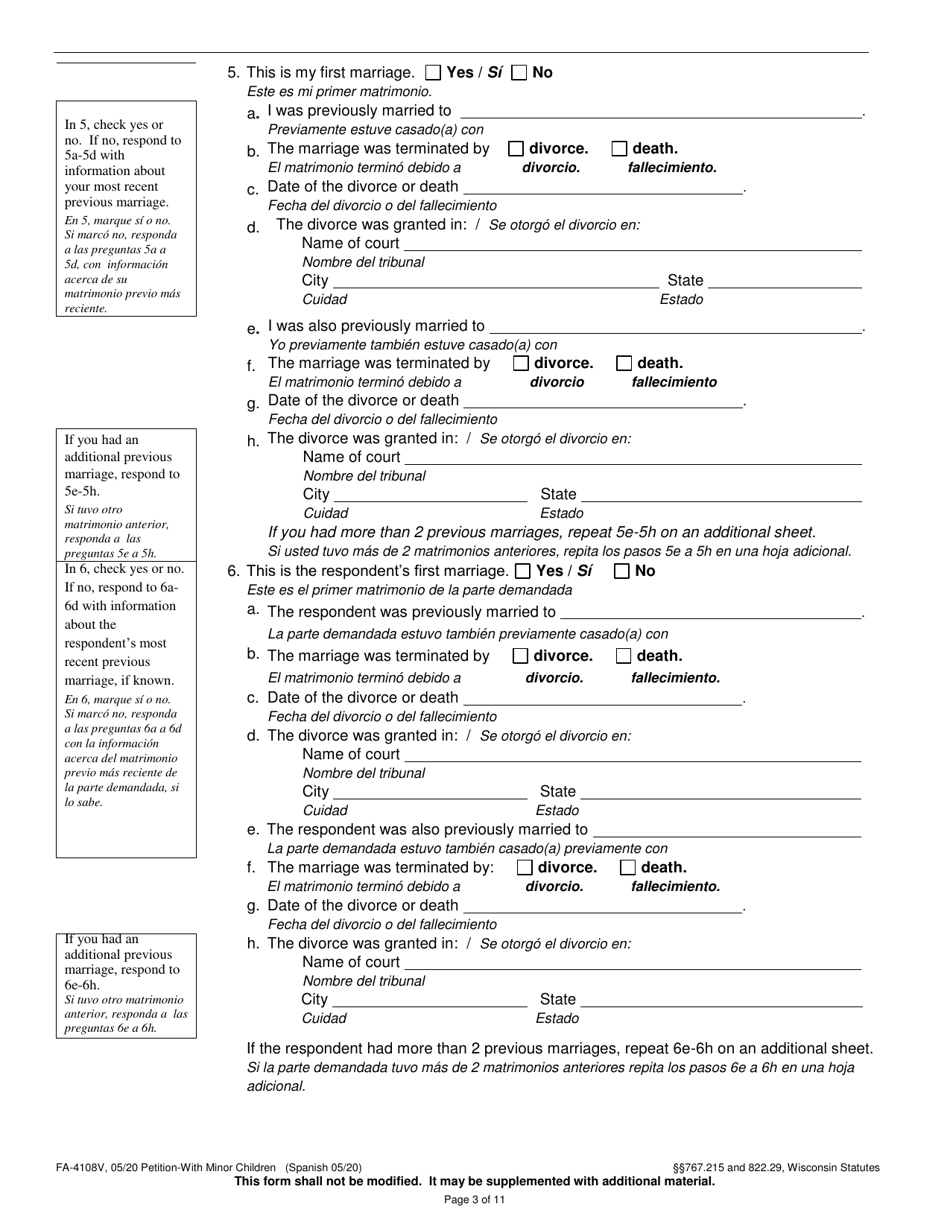 Form FA-4108V Petition With Minor Children - Wisconsin (English / Spanish), Page 3