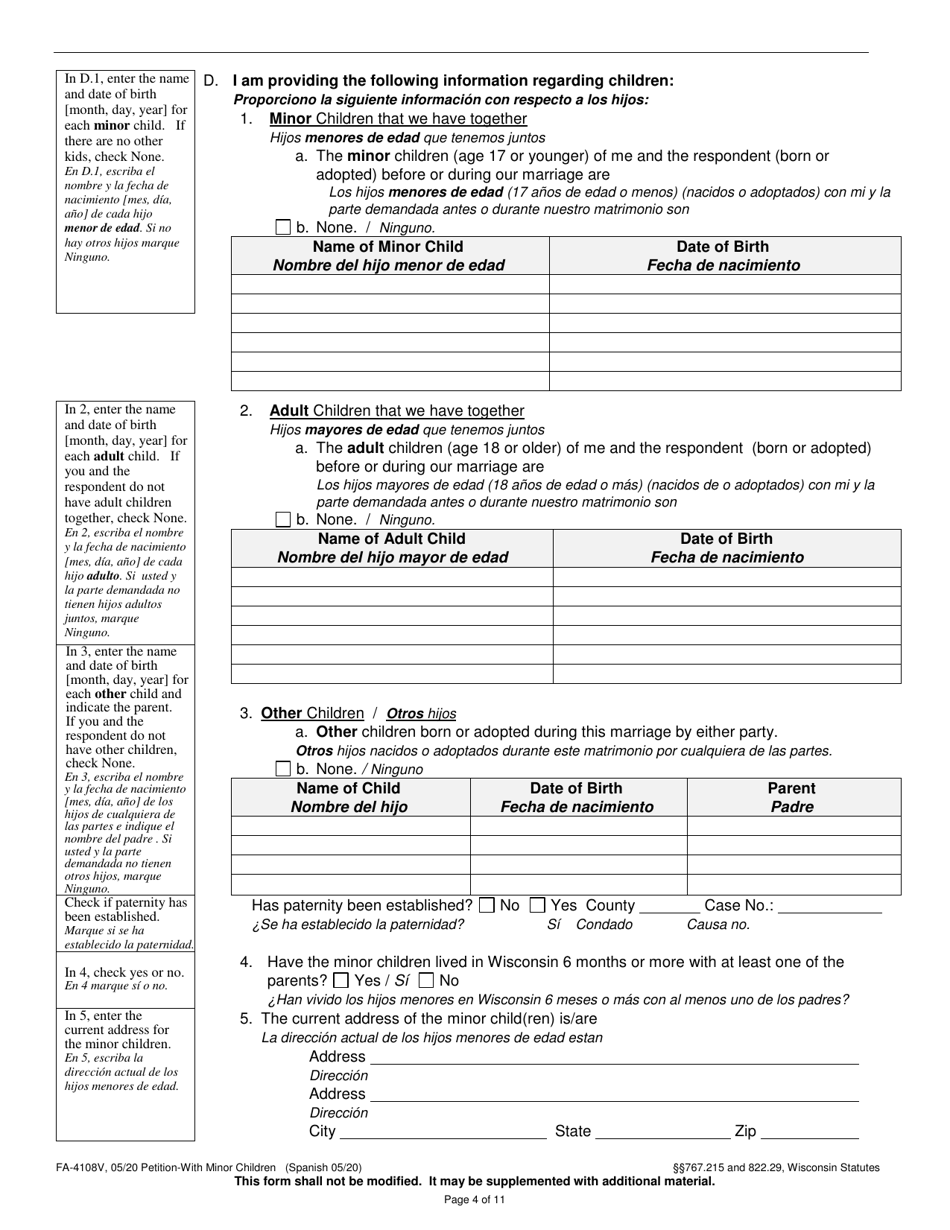 Form FA-4108V Petition With Minor Children - Wisconsin (English / Spanish), Page 4