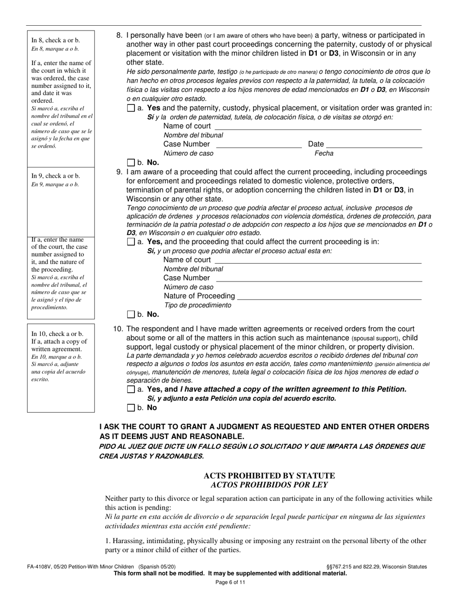 Form FA-4108V Petition With Minor Children - Wisconsin (English / Spanish), Page 6
