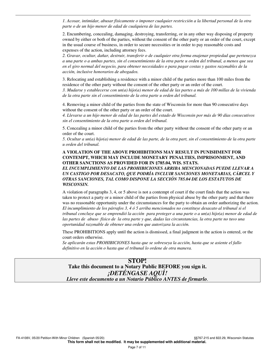 Form FA-4108V Petition With Minor Children - Wisconsin (English / Spanish), Page 7