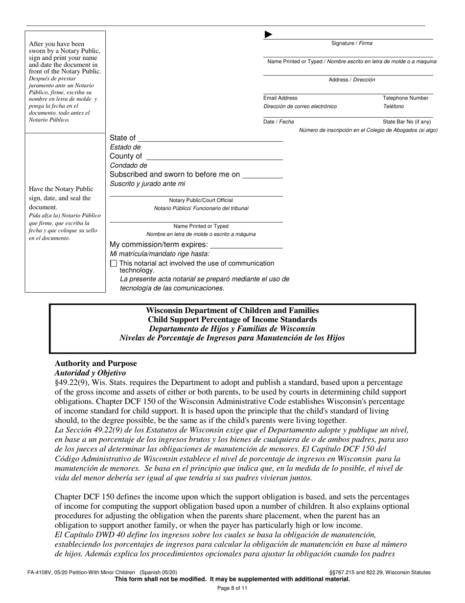 Form FA-4108V Petition With Minor Children - Wisconsin (English / Spanish), Page 8