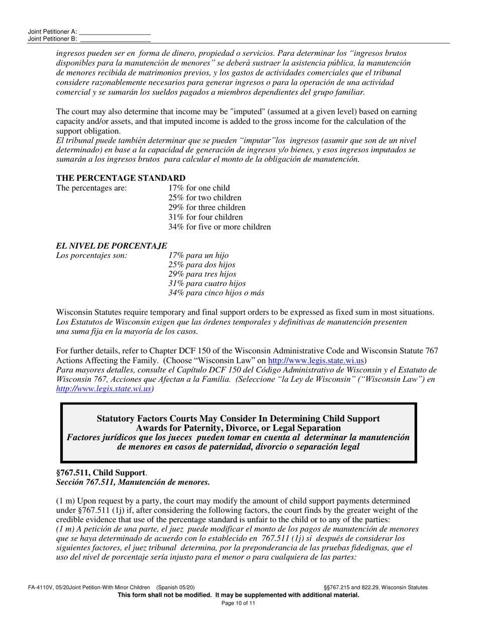 Form FA-4110V Joint Petition With Minor Children - Wisconsin (English / Spanish), Page 10