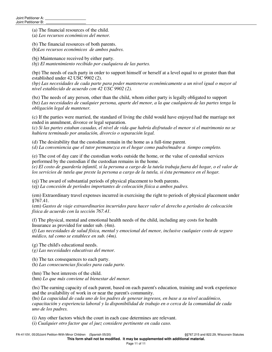 Form FA-4110V Joint Petition With Minor Children - Wisconsin (English / Spanish), Page 11