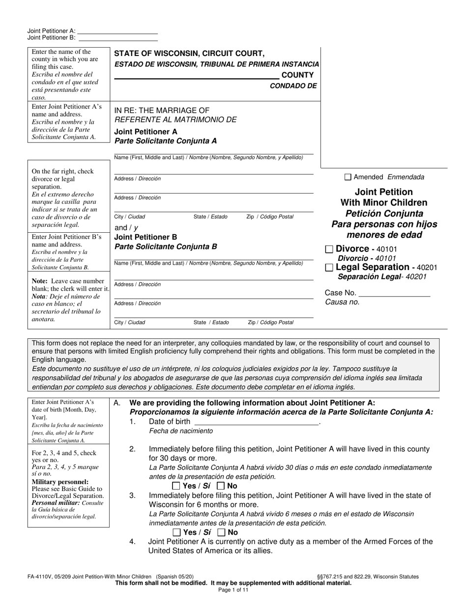Form FA-4110V Joint Petition With Minor Children - Wisconsin (English / Spanish), Page 1