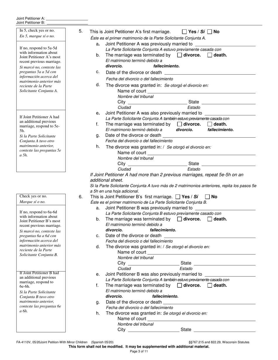 Form FA-4110V Joint Petition With Minor Children - Wisconsin (English / Spanish), Page 3