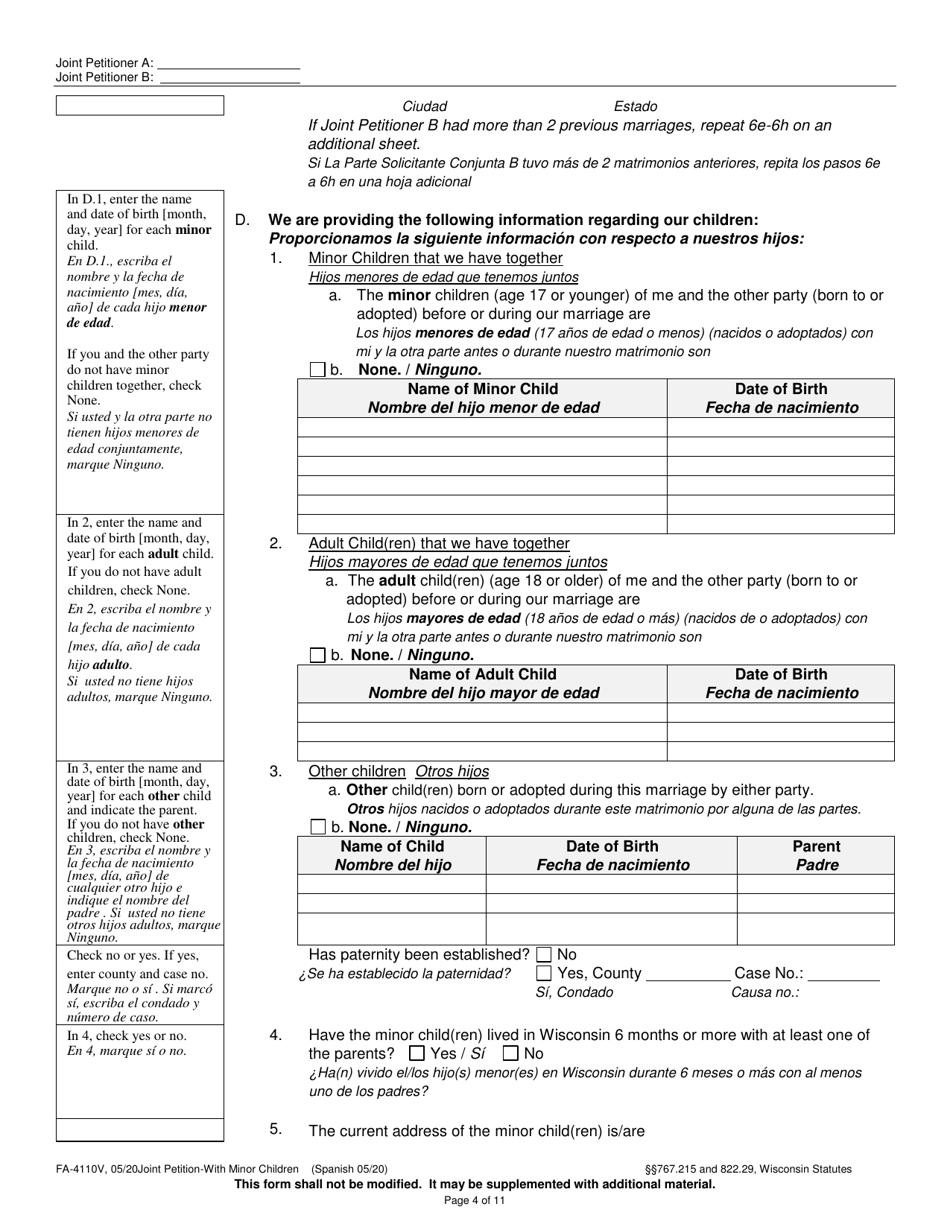 Form FA-4110V Joint Petition With Minor Children - Wisconsin (English / Spanish), Page 4
