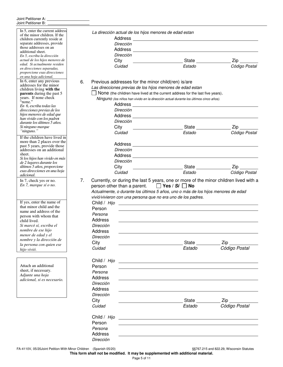 Form FA-4110V Joint Petition With Minor Children - Wisconsin (English / Spanish), Page 5