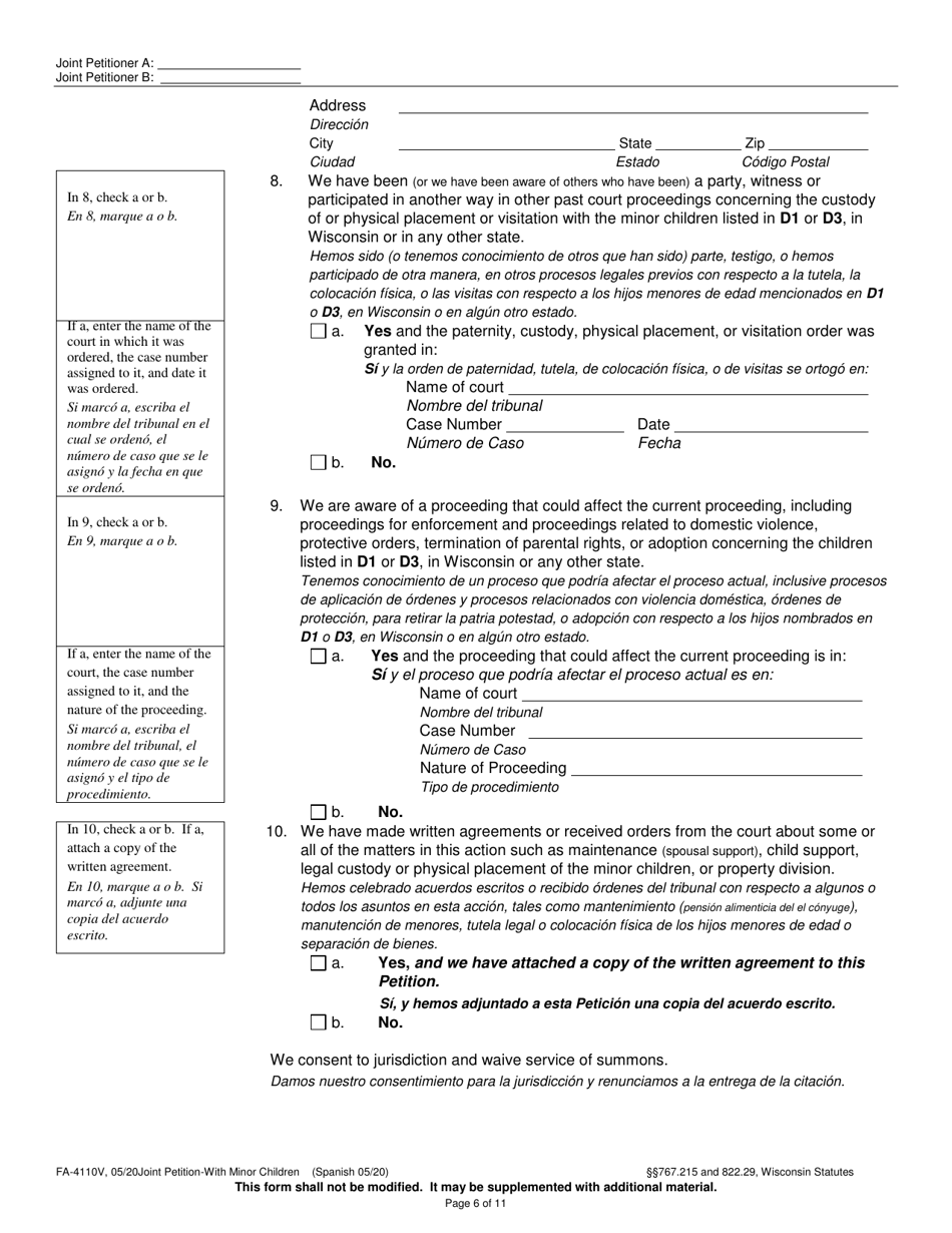 Form FA-4110V Joint Petition With Minor Children - Wisconsin (English / Spanish), Page 6