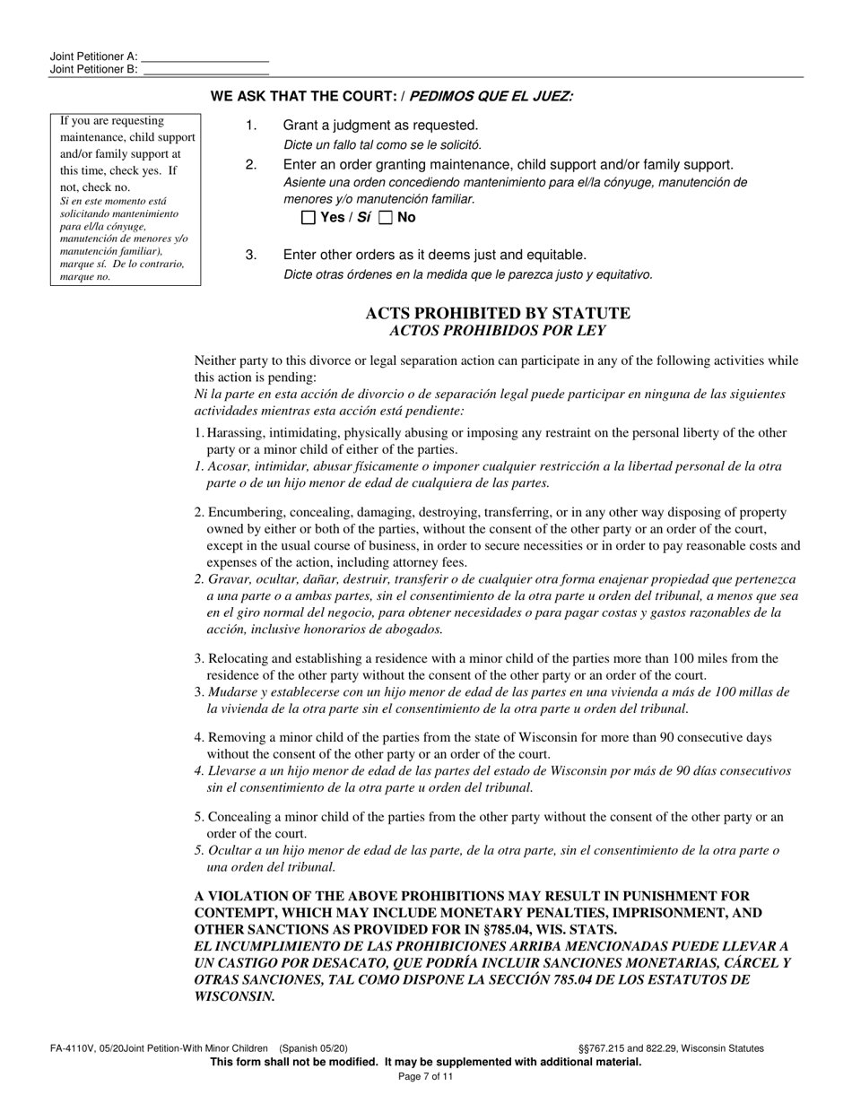 Form FA-4110V Joint Petition With Minor Children - Wisconsin (English / Spanish), Page 7