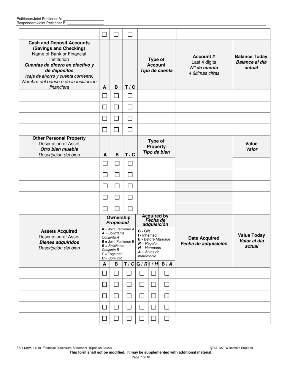 Form FA-4139V Financial Disclosure Statement - Wisconsin (English / Spanish), Page 7