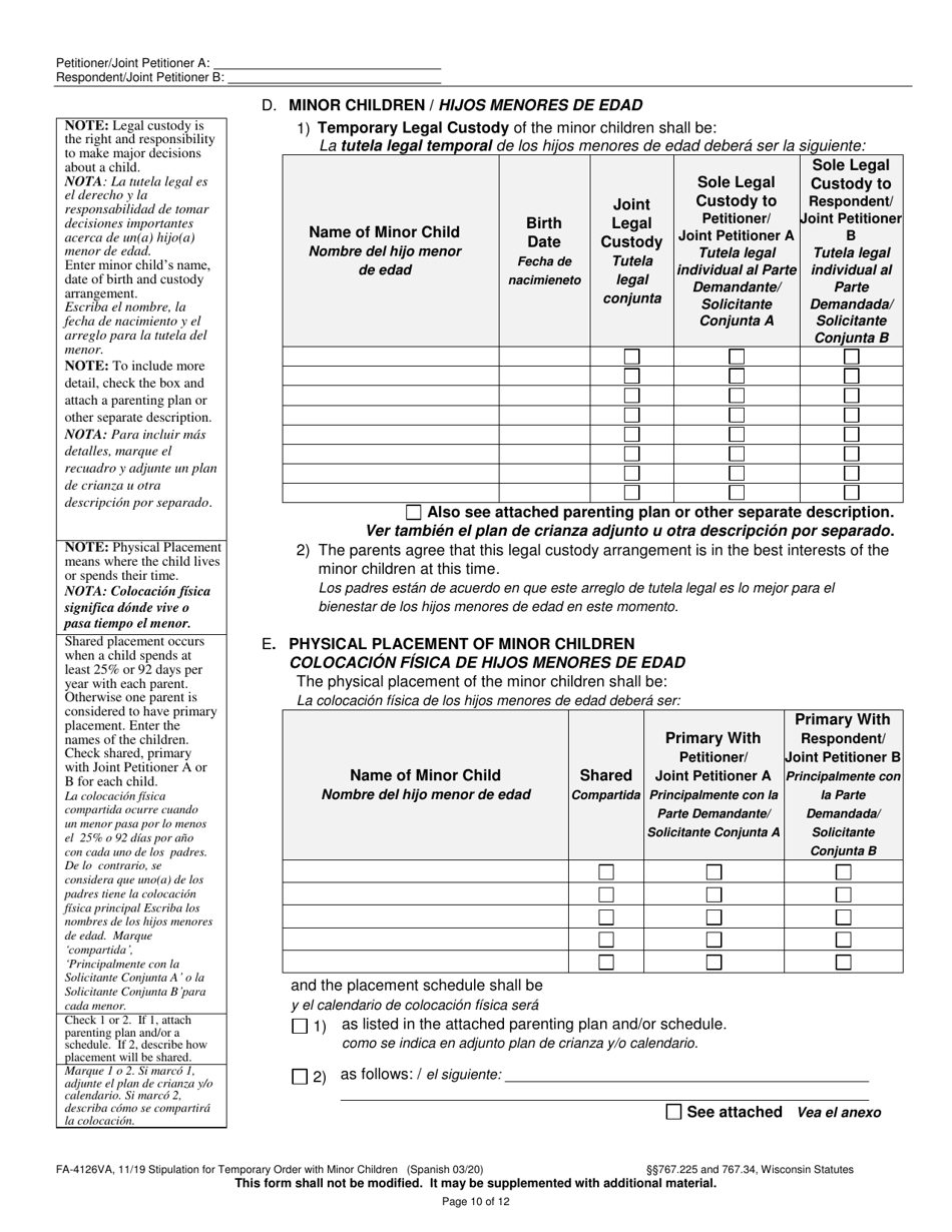 Form FA-4126VA Stipulation for Temporary Order With Minor Children - Wisconsin (English / Spanish), Page 10