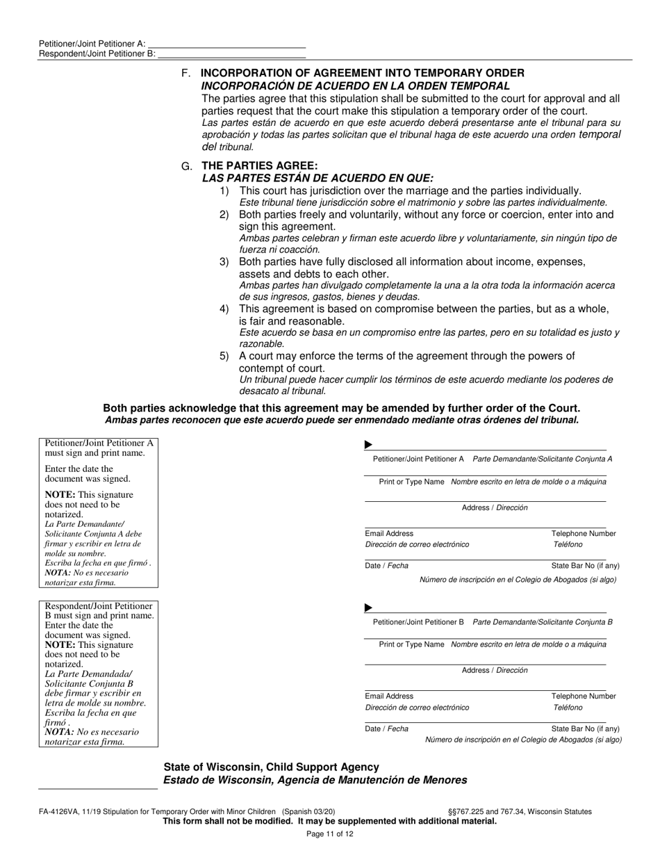 Form FA-4126VA Stipulation for Temporary Order With Minor Children - Wisconsin (English / Spanish), Page 11