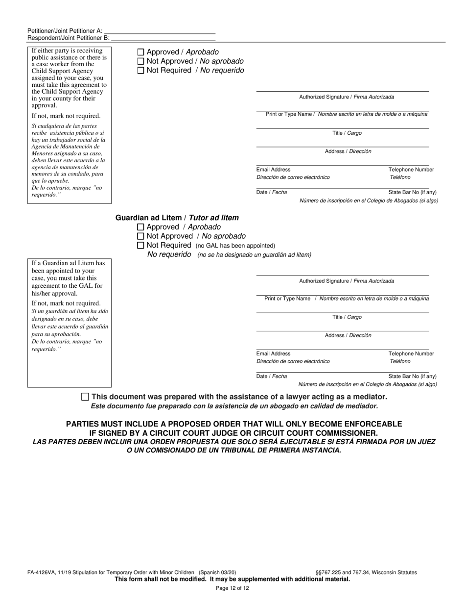 Form FA-4126VA Stipulation for Temporary Order With Minor Children - Wisconsin (English / Spanish), Page 12