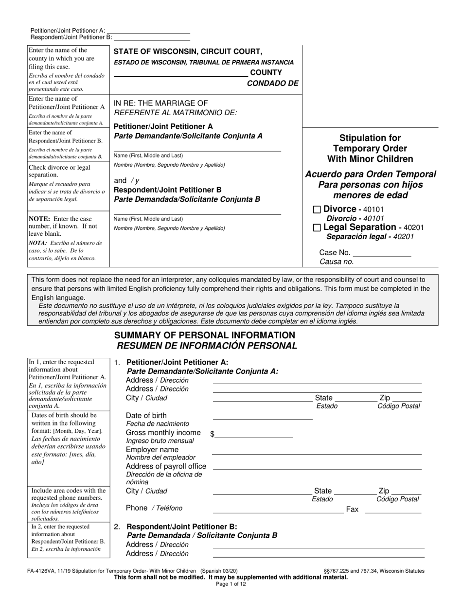 Form FA-4126VA Stipulation for Temporary Order With Minor Children - Wisconsin (English / Spanish), Page 1