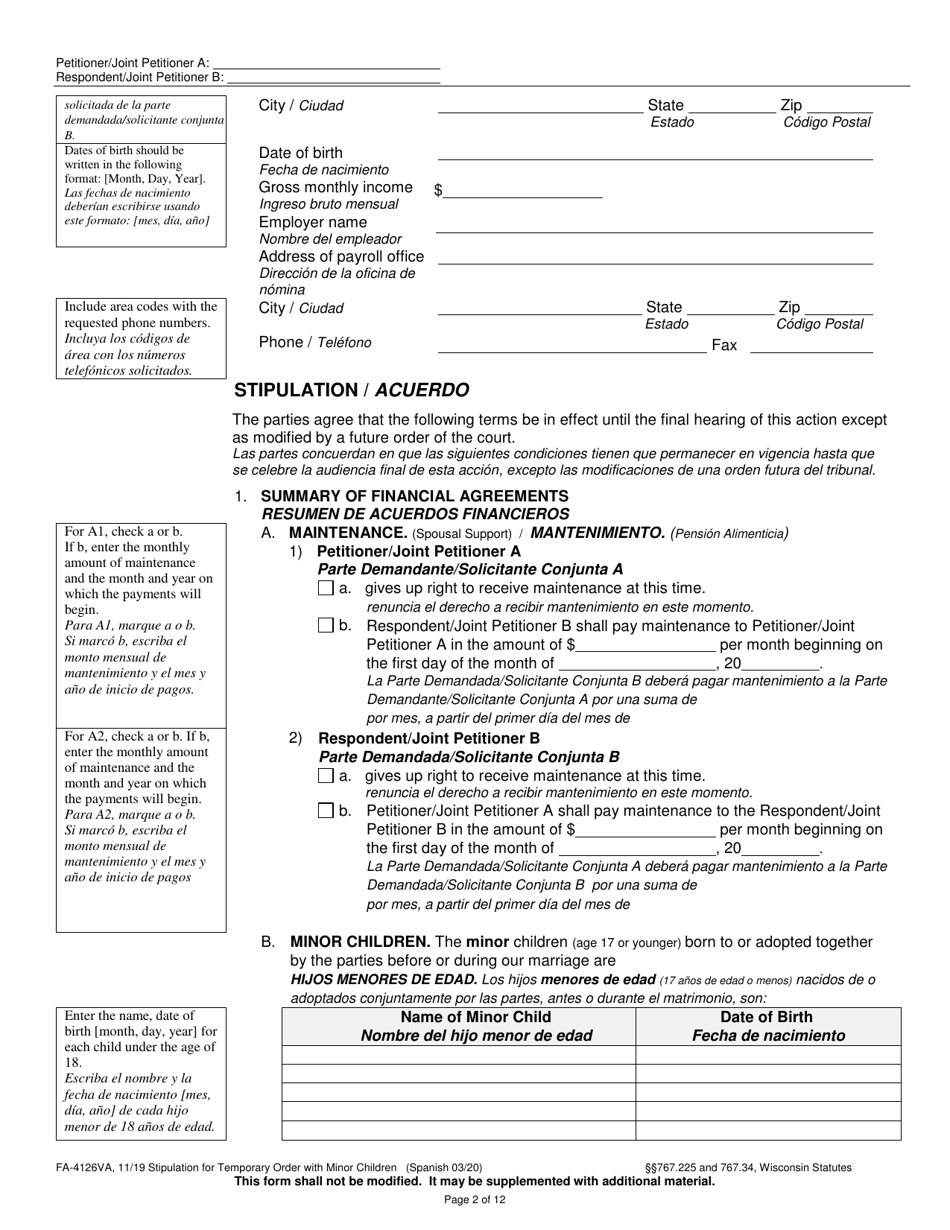 Form FA-4126VA Stipulation for Temporary Order With Minor Children - Wisconsin (English / Spanish), Page 2