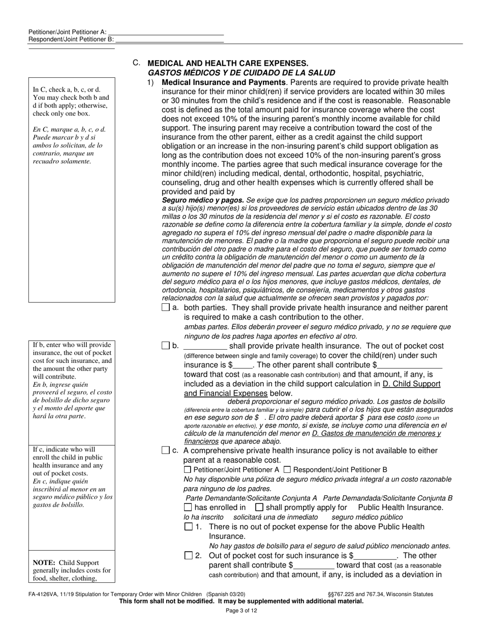 Form FA-4126VA Stipulation for Temporary Order With Minor Children - Wisconsin (English / Spanish), Page 3