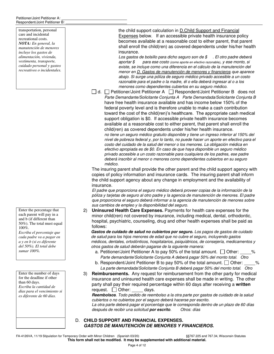 Form FA-4126VA Stipulation for Temporary Order With Minor Children - Wisconsin (English / Spanish), Page 4