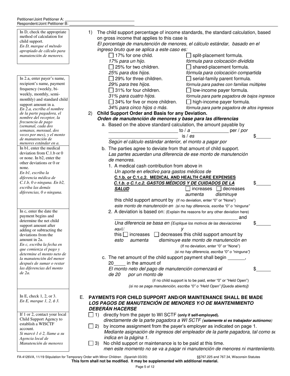 Form FA-4126VA Stipulation for Temporary Order With Minor Children - Wisconsin (English / Spanish), Page 5