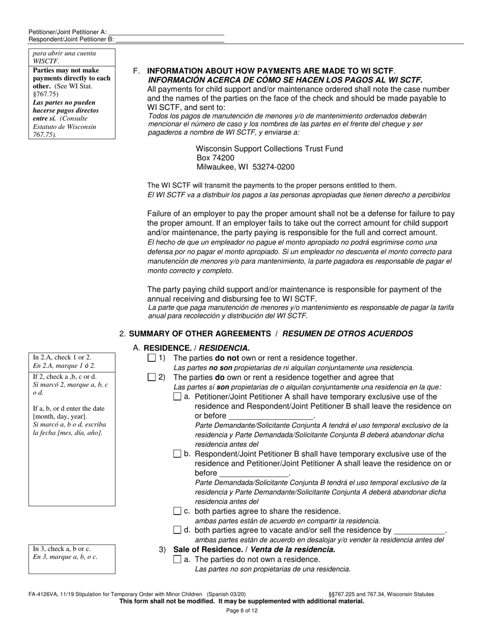 Form FA-4126VA Stipulation for Temporary Order With Minor Children - Wisconsin (English / Spanish), Page 6