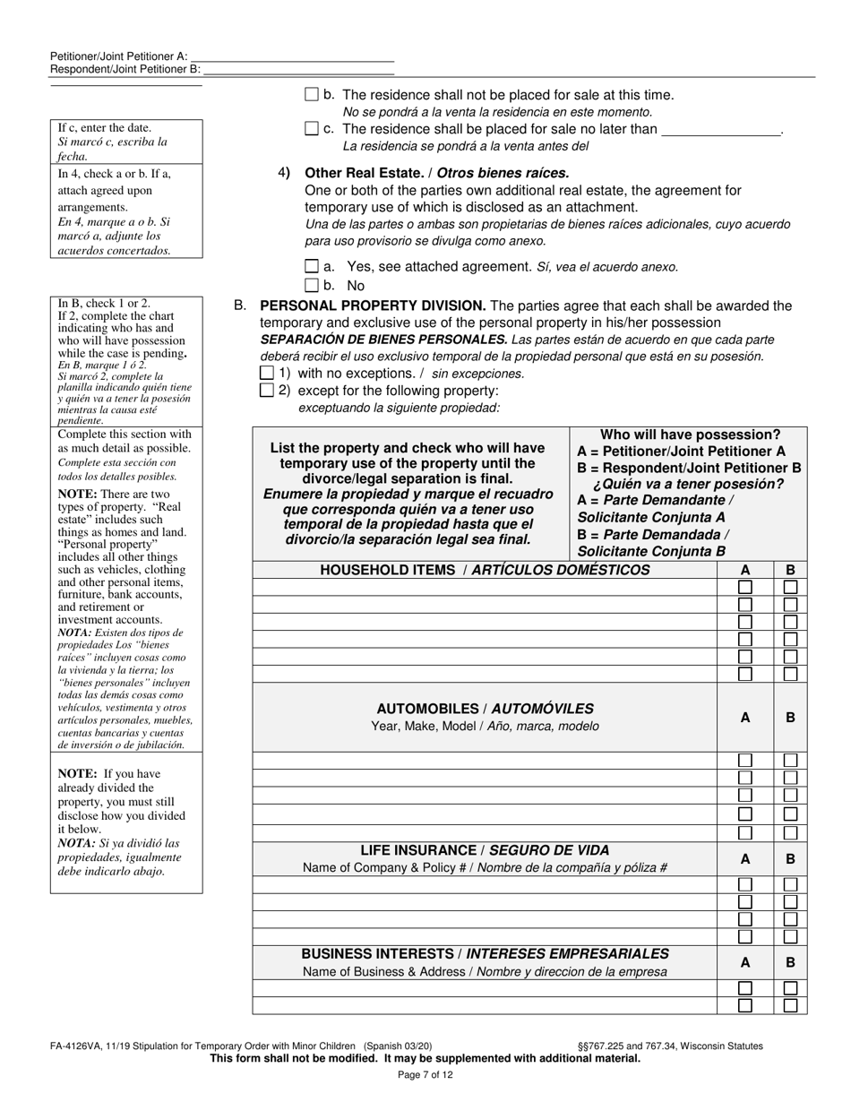 Form FA-4126VA Stipulation for Temporary Order With Minor Children - Wisconsin (English / Spanish), Page 7
