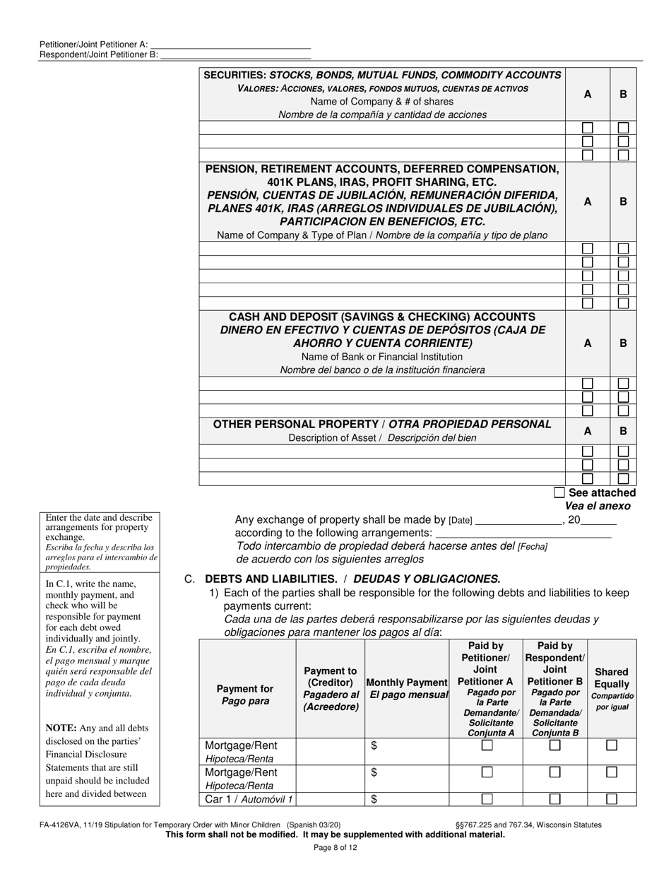 Form FA-4126VA Stipulation for Temporary Order With Minor Children - Wisconsin (English / Spanish), Page 8