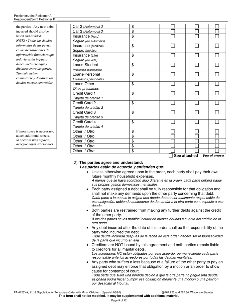 Form FA-4126VA Stipulation for Temporary Order With Minor Children - Wisconsin (English / Spanish), Page 9