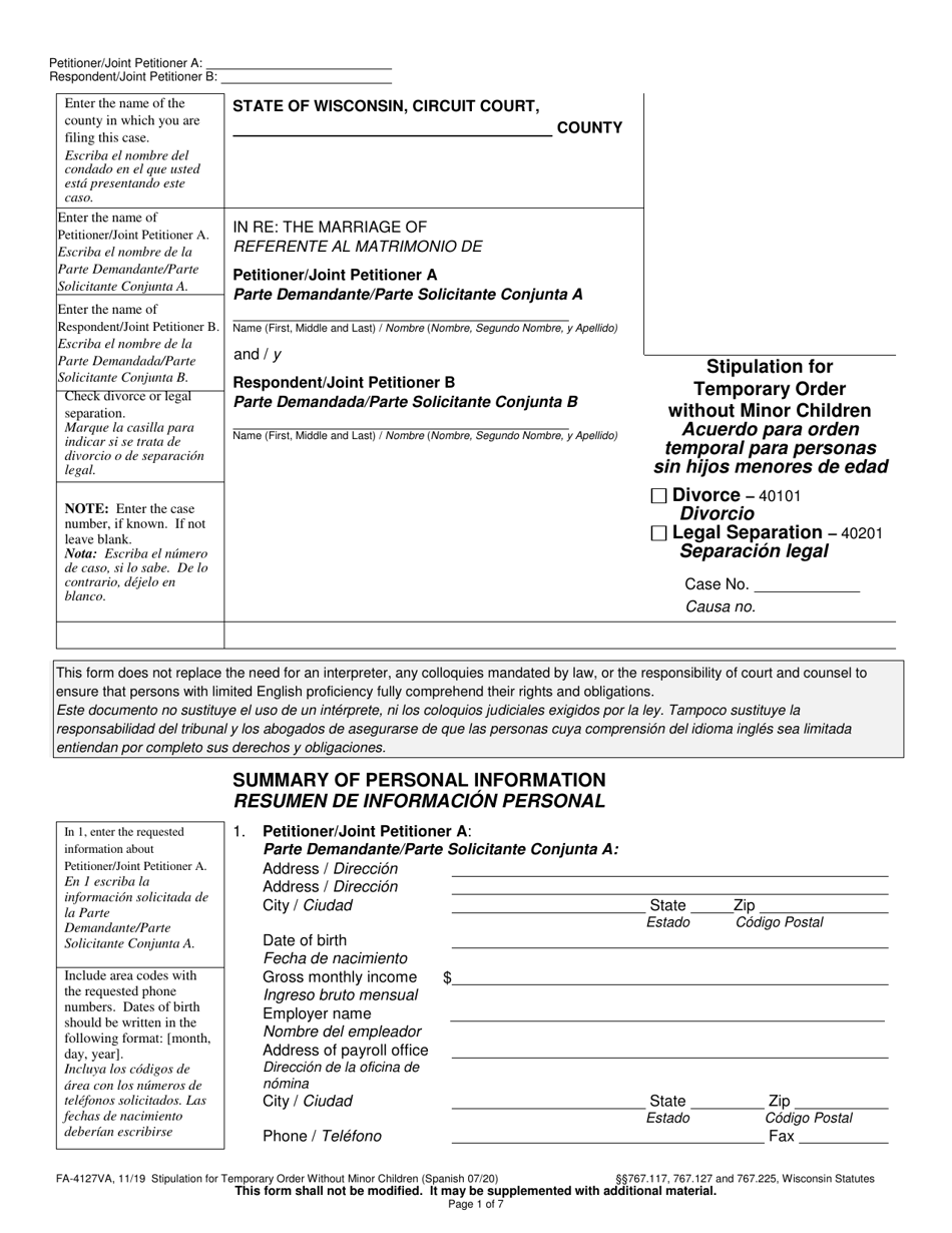 Form FA-4127VA Stipulation for Temporary Order Without Minor Children - Wisconsin (English / Spanish), Page 1
