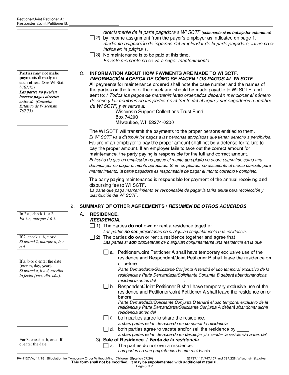 Form FA-4127VA Stipulation for Temporary Order Without Minor Children - Wisconsin (English / Spanish), Page 3