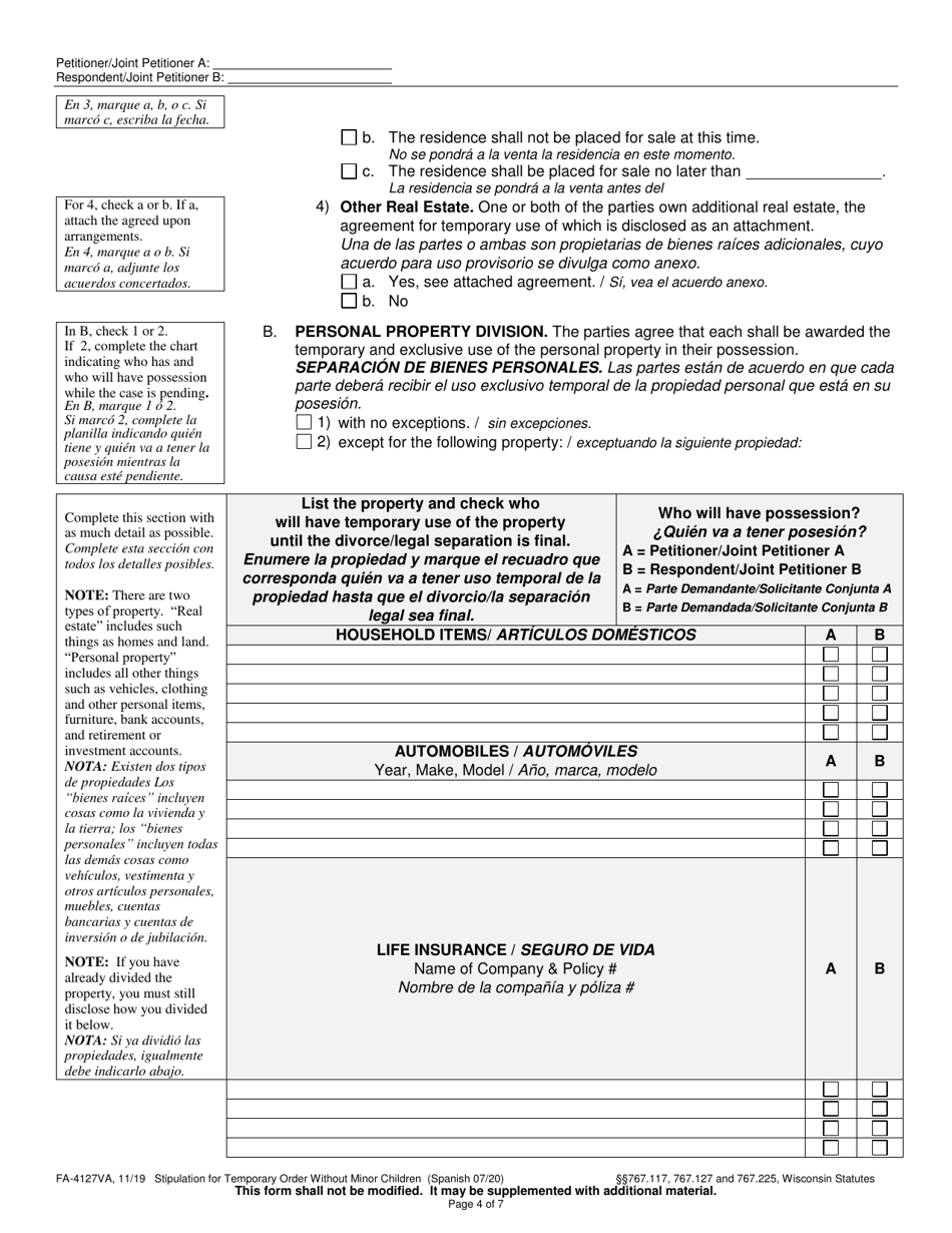 Form FA-4127VA Stipulation for Temporary Order Without Minor Children - Wisconsin (English / Spanish), Page 4