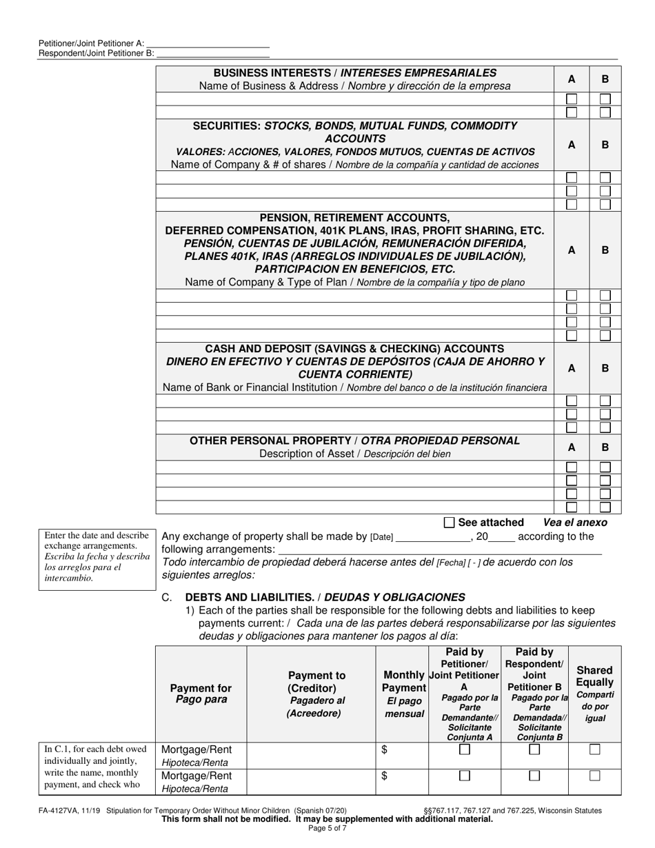 Form FA-4127VA Stipulation for Temporary Order Without Minor Children - Wisconsin (English / Spanish), Page 5