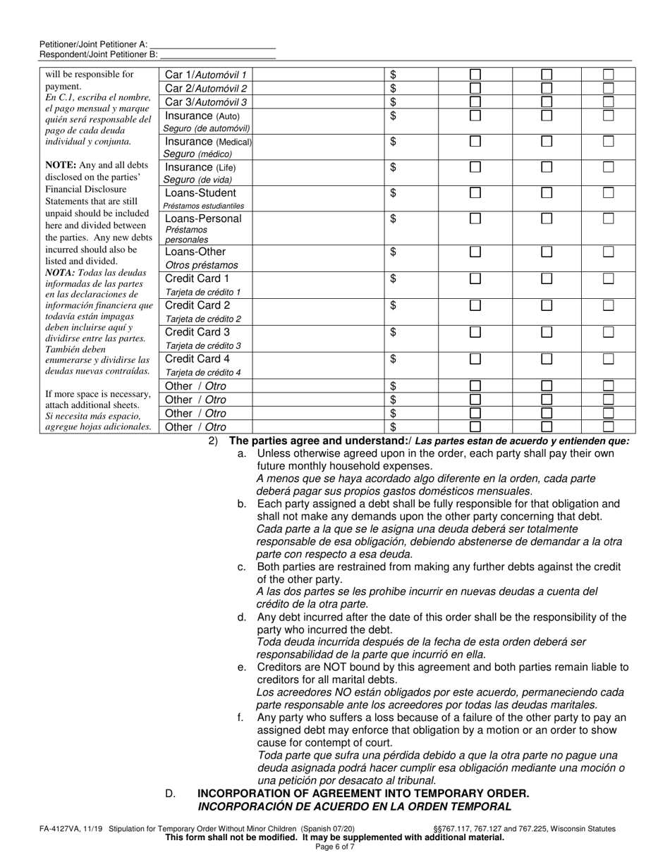 Form FA-4127VA Stipulation for Temporary Order Without Minor Children - Wisconsin (English / Spanish), Page 6