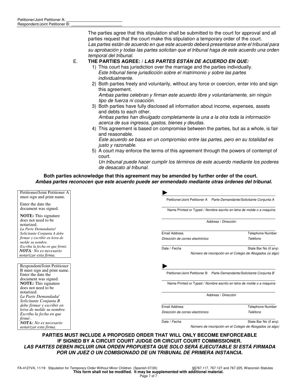 Form FA-4127VA Stipulation for Temporary Order Without Minor Children - Wisconsin (English / Spanish), Page 7