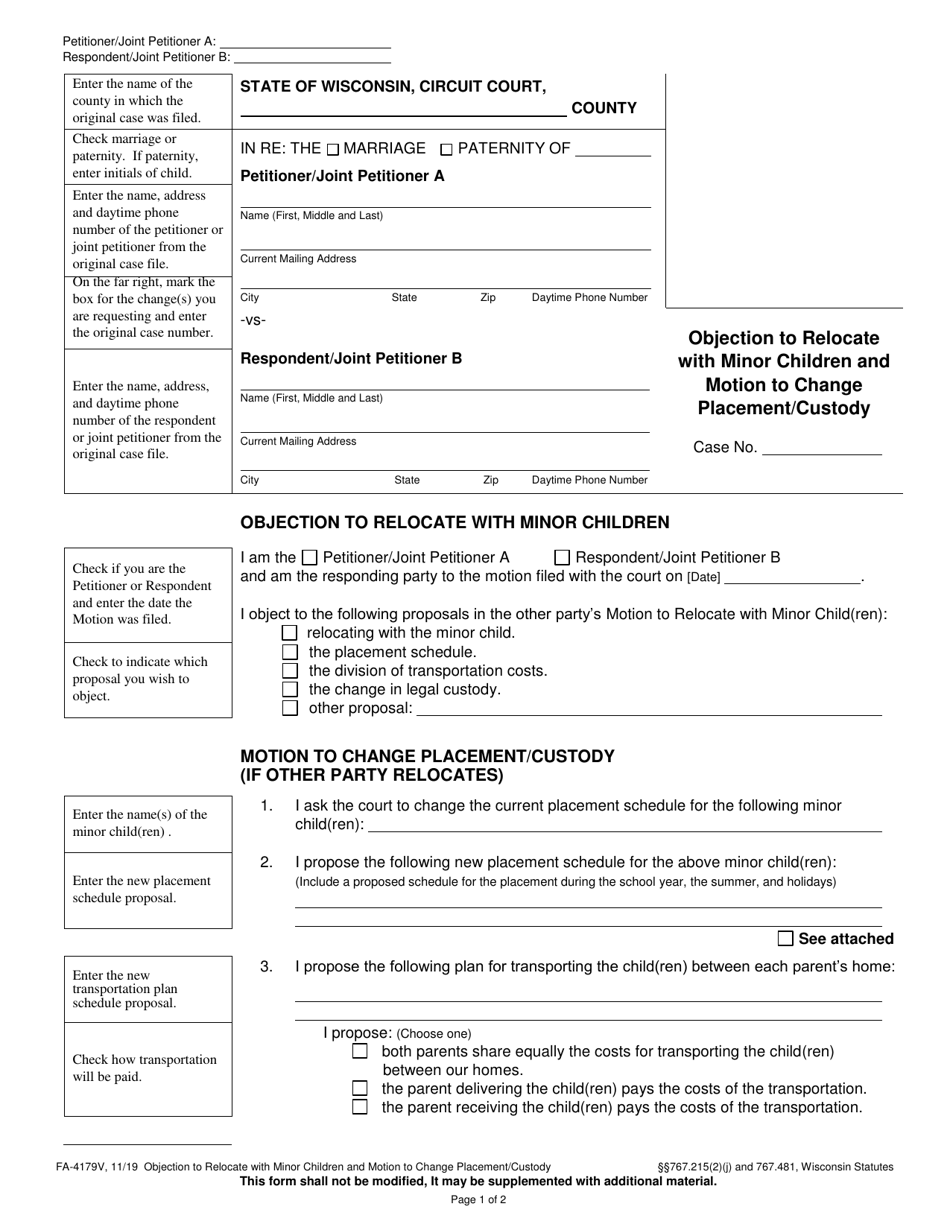 Form FA-4179V Objection to Relocate With Minor Children and Motion to Change Placement / Custody - Wisconsin, Page 1
