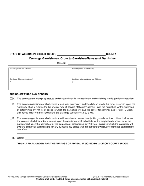 Form GF-106 Earnings Garnishment Order to Garnishee/Release of Garnishee - Wisconsin