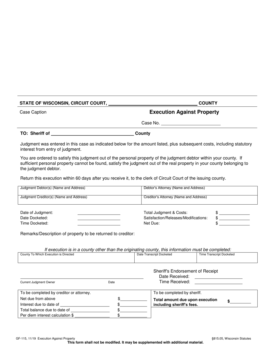 Form GF-115 Execution Against Property - Wisconsin, Page 1