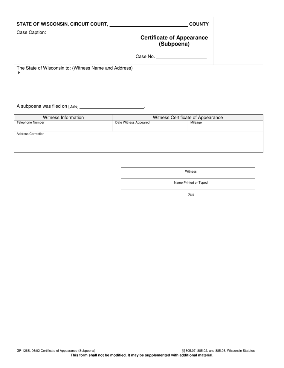 Form GF-126B Certificate of Appearance (Subpoena) - Wisconsin, Page 1