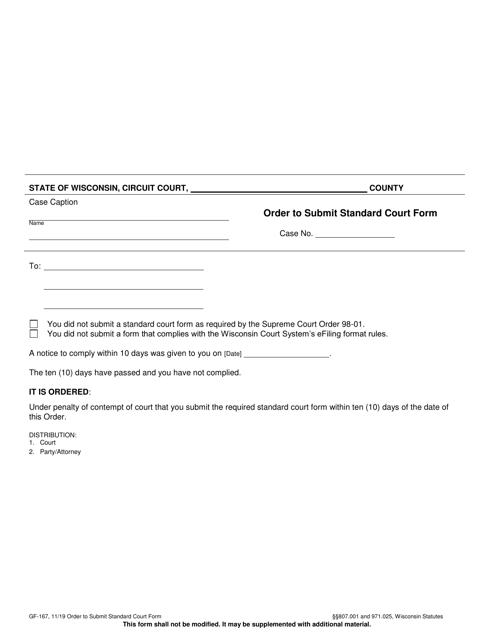 Form GF-167 Order to Submit Standard Court Form - Wisconsin