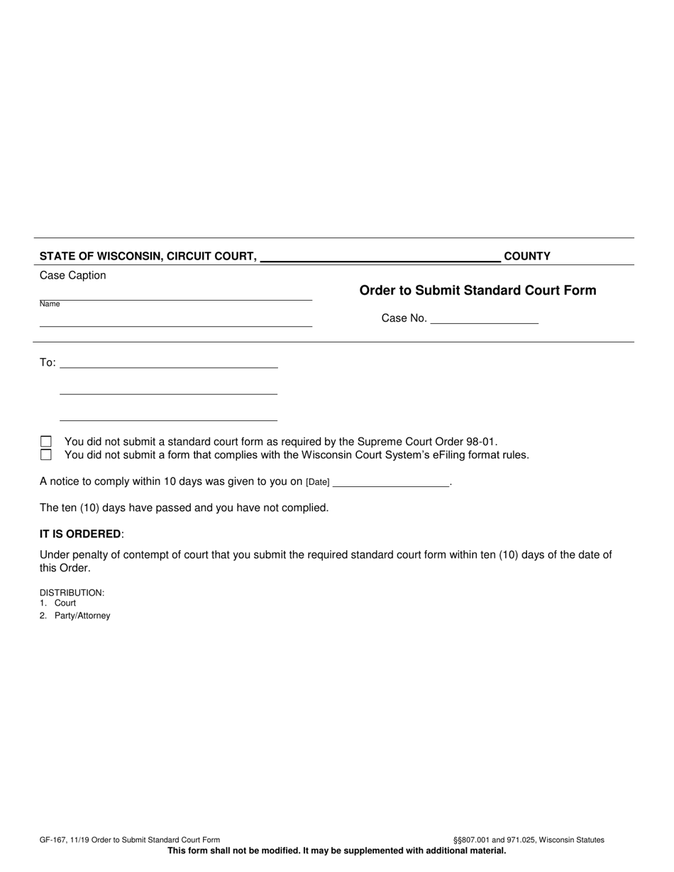 Form GF-167 Order to Submit Standard Court Form - Wisconsin, Page 1
