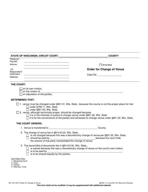 Form GF-120 Order for Change of Venue - Wisconsin