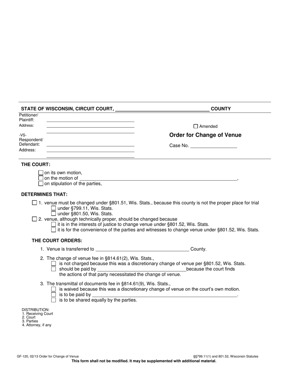 Form GF-120 Order for Change of Venue - Wisconsin, Page 1